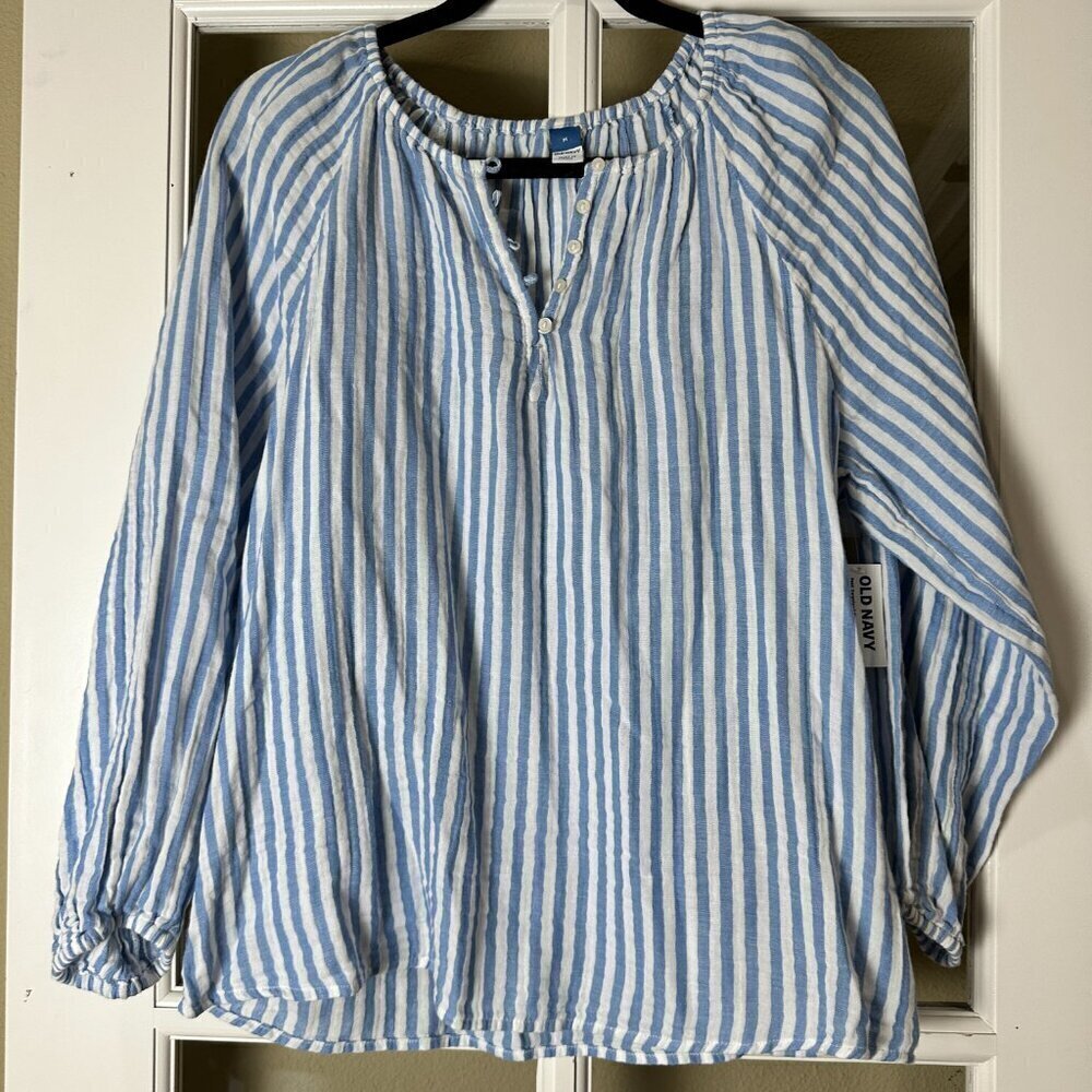 NWT OLD NAVY Linen Blend Striped Button Neck Top Blouse Size Medium - Picture 2 of 7